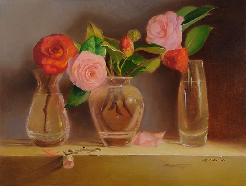 Camellias in Three Glass Vases